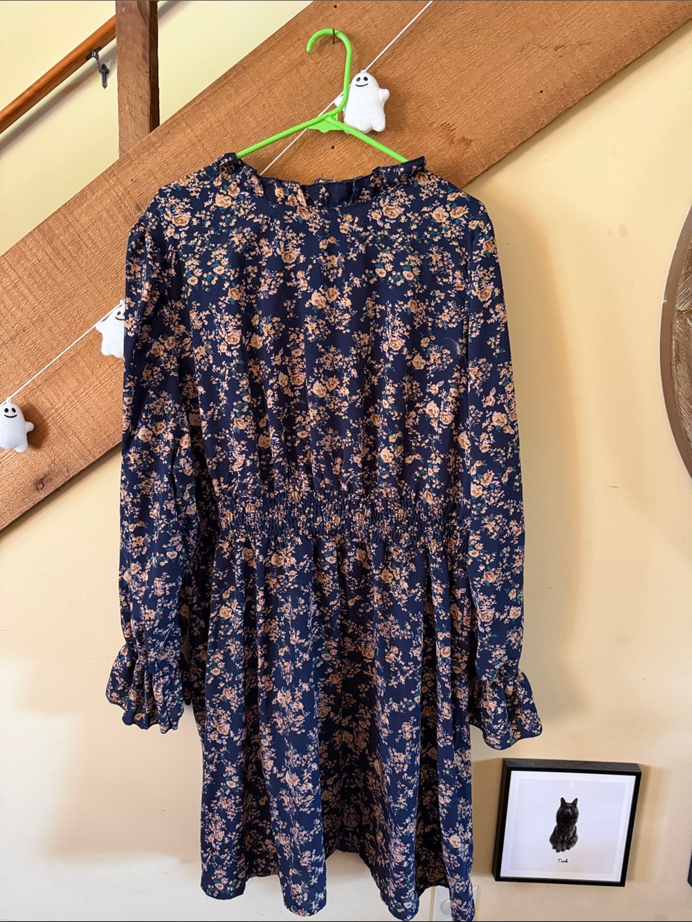 SHEIN Navy and Tan Floral Long-Sleeve Dress
